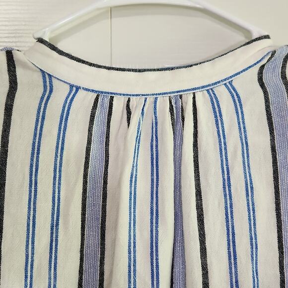 A New Day White Blue Pin Striped Rolled Cuff Sleeve V-neck Linen Blend Shirt XS - Picture 5 of 8
